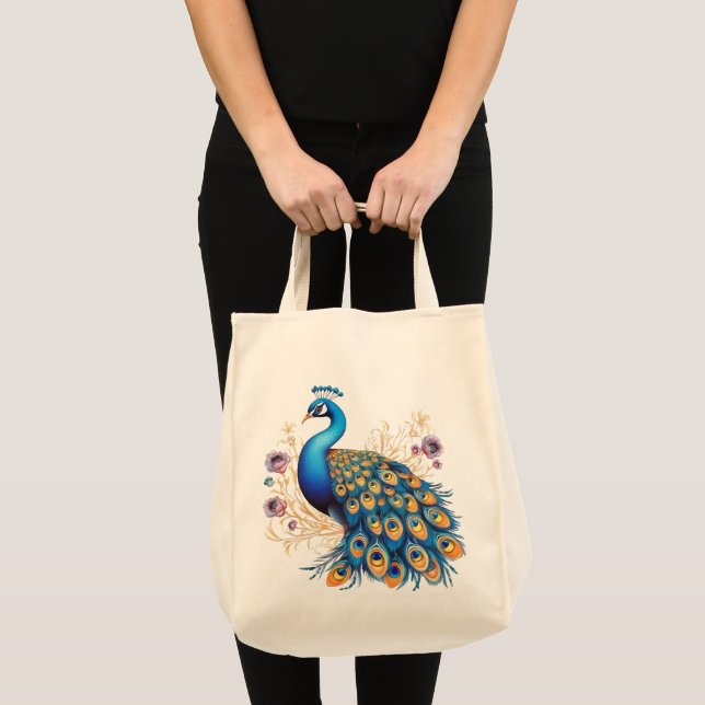 Påfågel med lila blommor tygkasse (Framsida (produkt))