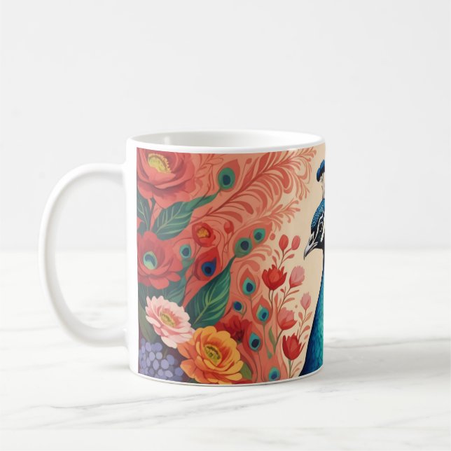 Påfågel och blommor kaffemugg (Vänster)