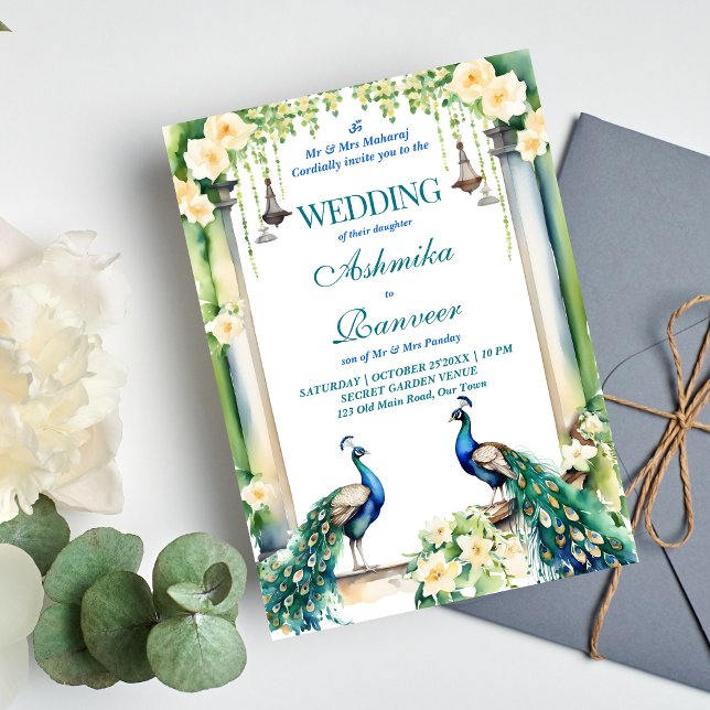 Påfågel och jasmin indisk vigselmall inbjudningar (Indian wedding peacock jasmine garden template invitation instant digital download gajra lamps )