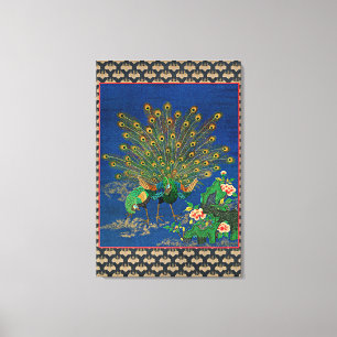 Påfågel och påfågelhona, Japansk illustration, Canvastryck
