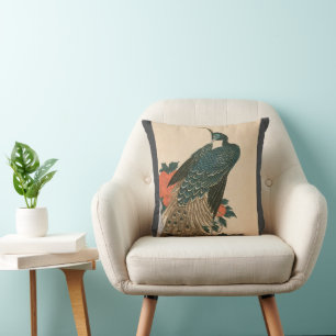 Påfågel och peonior av Hiroshige, Japansk konst Kudde