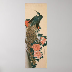 Påfågel och pioner vid Hiroshige, japansk konst Poster