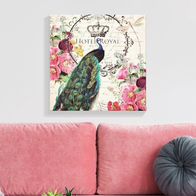 Påfågel och vårblommor canvastryck (Insitu (Vardagsrum))