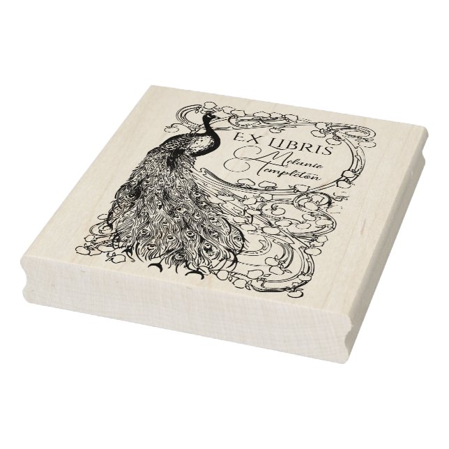 Påfågel på blomsterbehängd gren Ex Libris Stämpel (Stämpel)