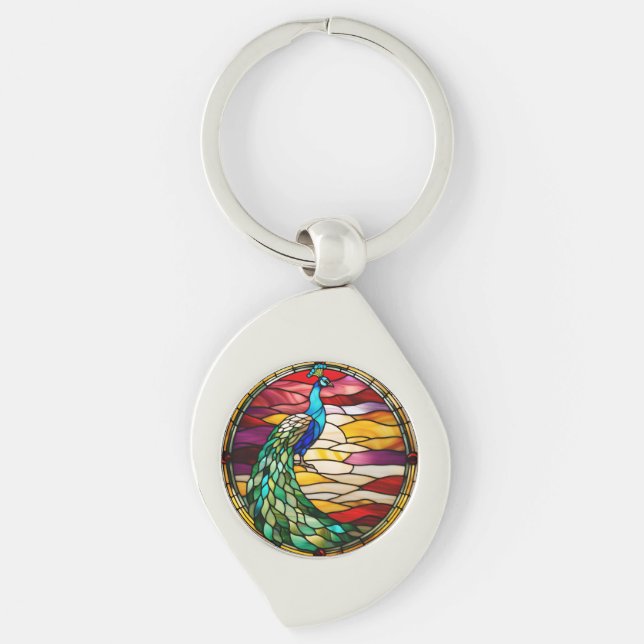 Påfågel på rosa swirl silverfärgad nyckelring (Framsidan)