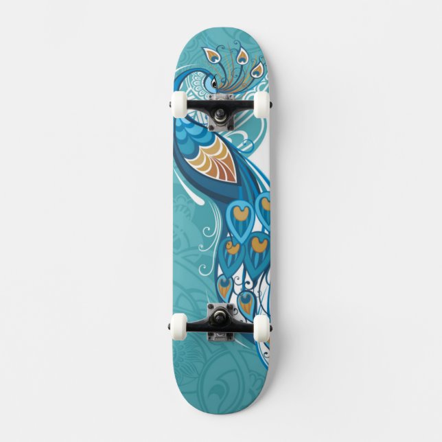 Påfågel på Turkos Illustration Skateboard Bräda 19,5 Cm (Framsida)