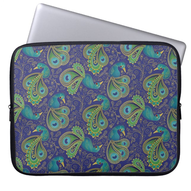 Påfågel Paisley Mönster Blå Laptop Fodral (Framsidan)