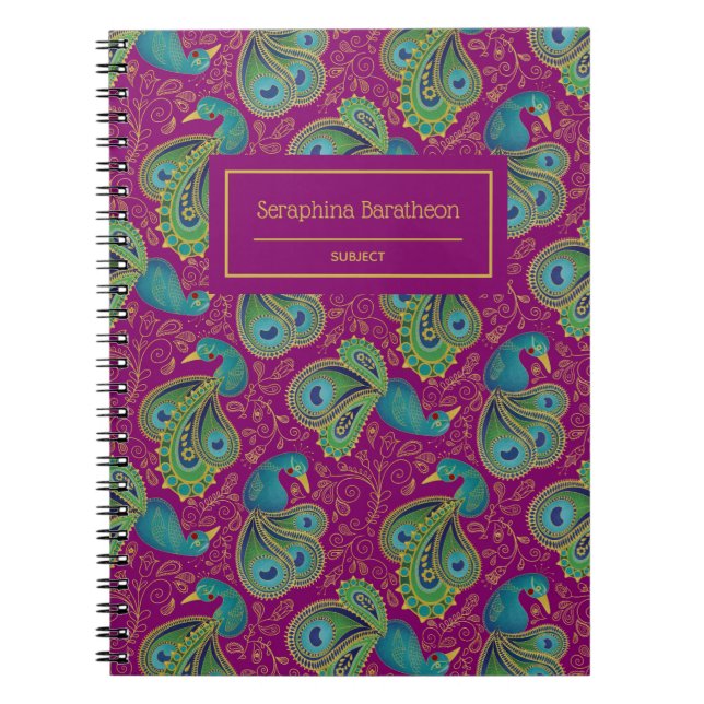 Påfågel Paisley Royal Rosa Fuchsia Monogram Anteckningsbok (Framsidan)