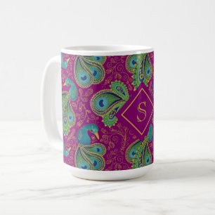 Påfågel Paisley Royal Rosa Fuchsia Monogram Kaffemugg
