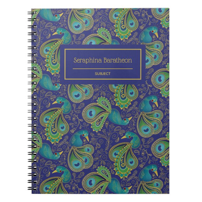 Påfågel Paisley Royalblå Monogram Anteckningsbok (Framsidan)