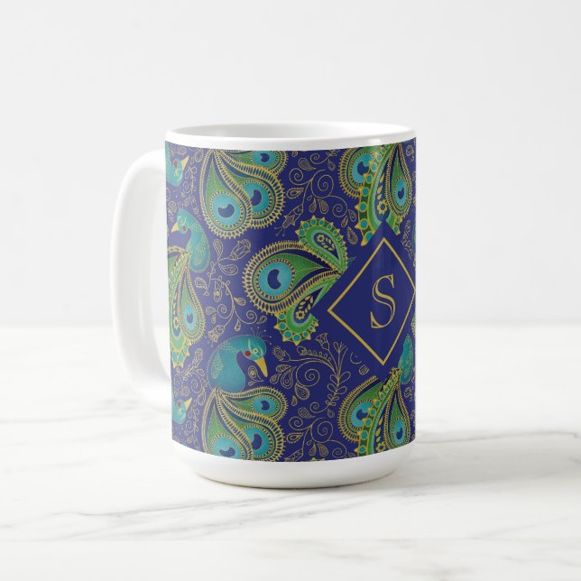 Påfågel Paisley Royalblå Monogram Kaffemugg (Framsida vänster)