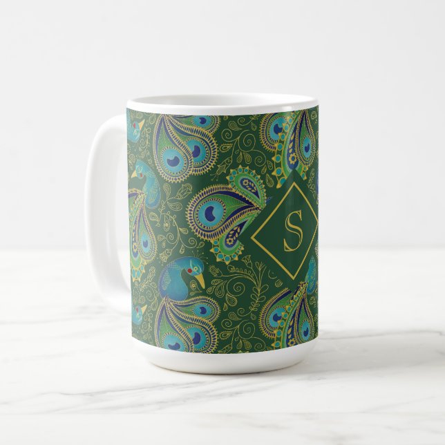 Påfågel Paisley Royalgrön Monogram Kaffemugg (Framsida vänster)