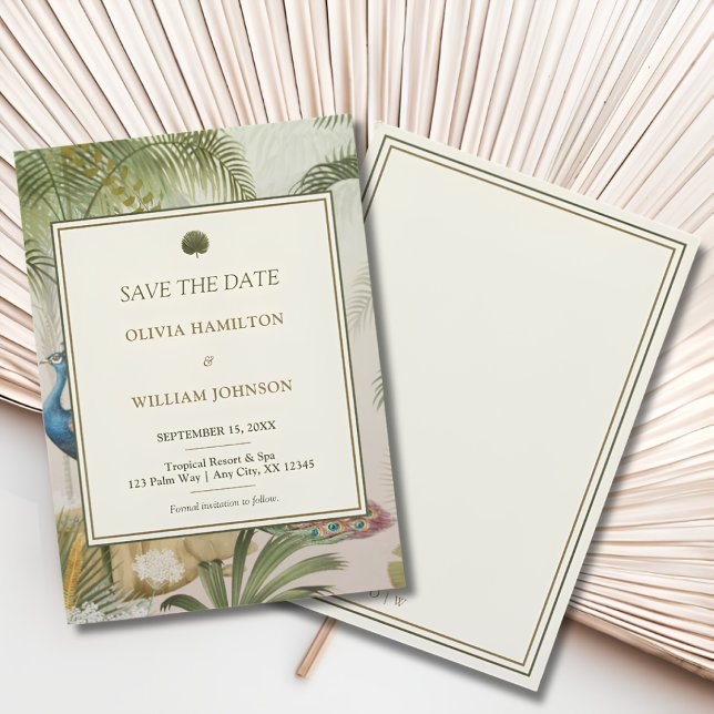 Påfågel Palm Bröllop Spara Datum Datumet (Peacock Palm save the date with an ivory double-border back and personalized initials)