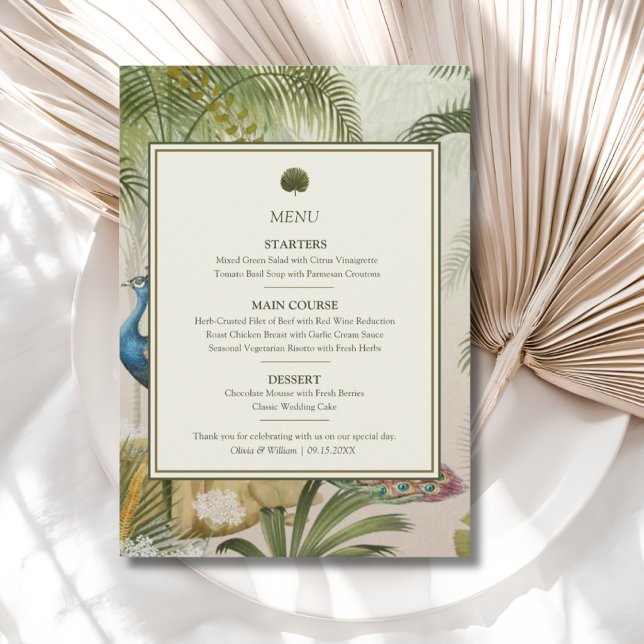 Påfågel Palm Bröllopsmeny Meny (Peacock Palm wedding menu with personalized courses, names and date for a tropical reception)