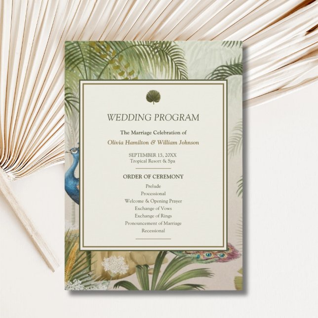 Påfågel Palm Bröllopsprogram Program (Peacock Palm wedding program with personalized ceremony order, couple’s names and wedding date)