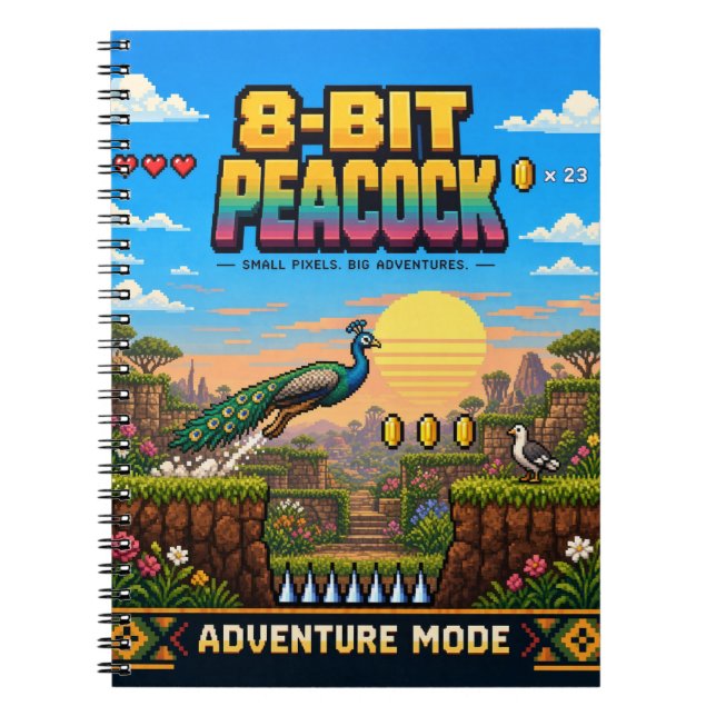 Påfågel, Retro 8-Bit Pixelkonst Anteckningsbok (Framsidan)