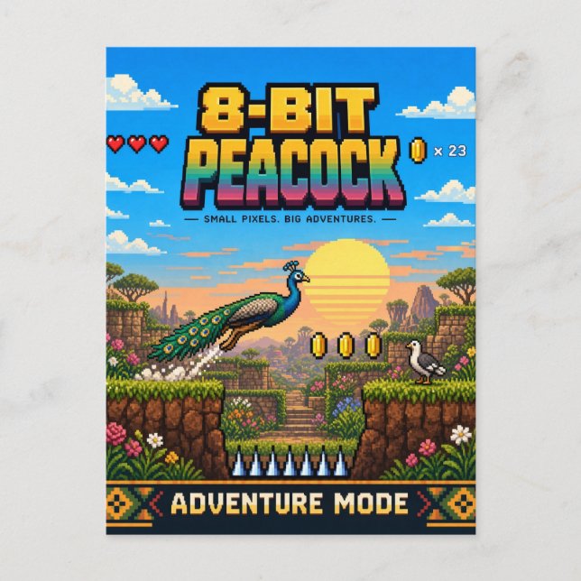 Påfågel, Retro 8-Bit Pixelkonst Vykort (Framsida)