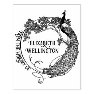 Påfågel Rnd Ram Art Nouveau Bibliotek Boknamn #2 Stämpel
