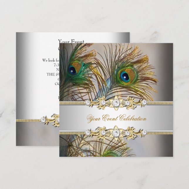 Påfågel Teal Blå Guld Elegant Fest Inbjudningar (Fram/baksida)