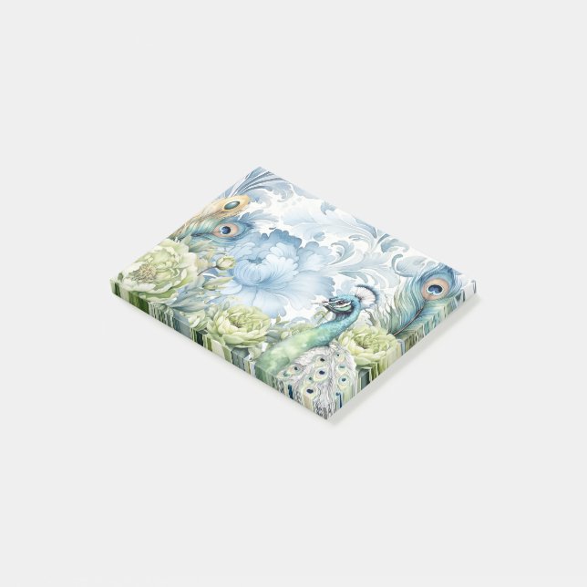 Påfågel Teal & Sage Fjädrar Blommig Damaskus Post-it Block (Vinklad)