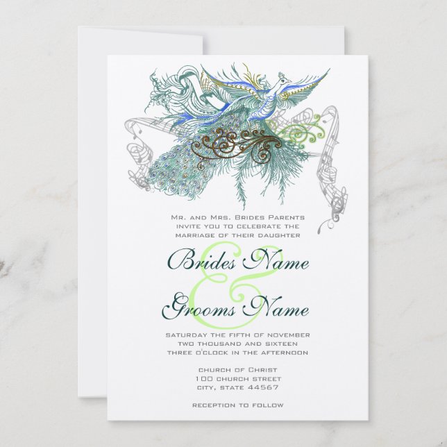 Påfågel Vintage Kärleksfåglar Inbjudningar (Framsida)