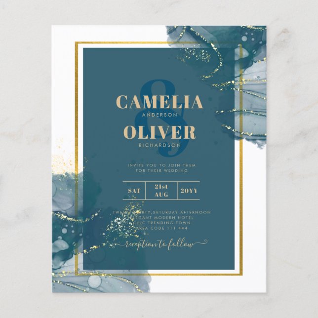 Påfågelblå Guld Alkohol BLÄCK Chic Bröllopsinbjuda Flygblad (Framsidan)
