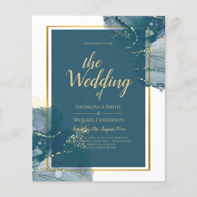 Påfågelblå Guld Alkohol BLÄCK Chic Bröllopsinbjuda Flygblad (Framsidan)