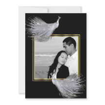 Påfågeleleganssvart, guld- bröllopinbjudan