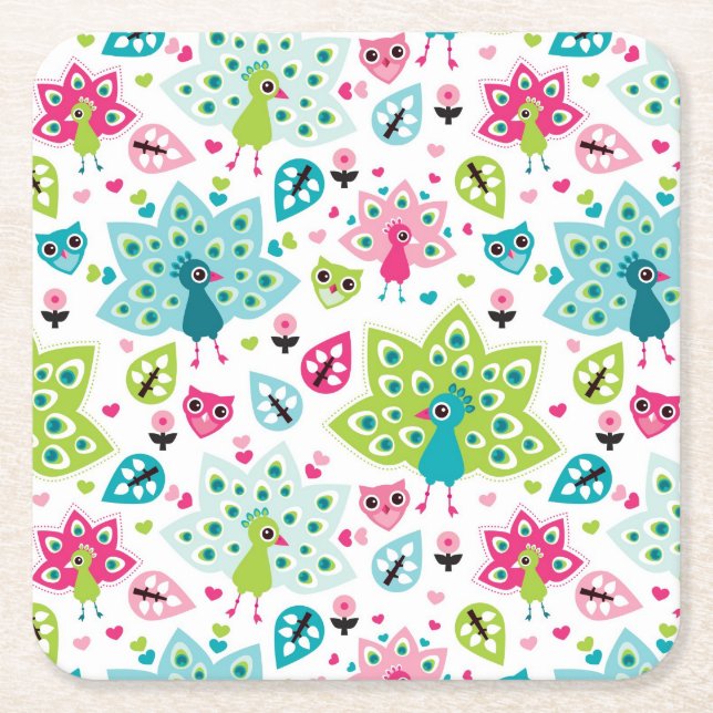 påfågelfågel och uggla underlägg papper kvadrat (Framsidan)