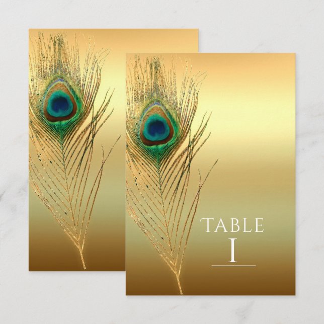 Påfågelfjäder Guld Exotisk Boho Chic Bordnummer Inbjudningar (Fram/baksida)