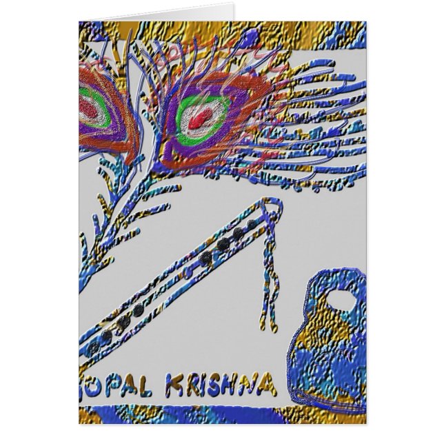 Påfågelfjäder och flöjt - Hare Krishna Hälsningskort (Framsidan)