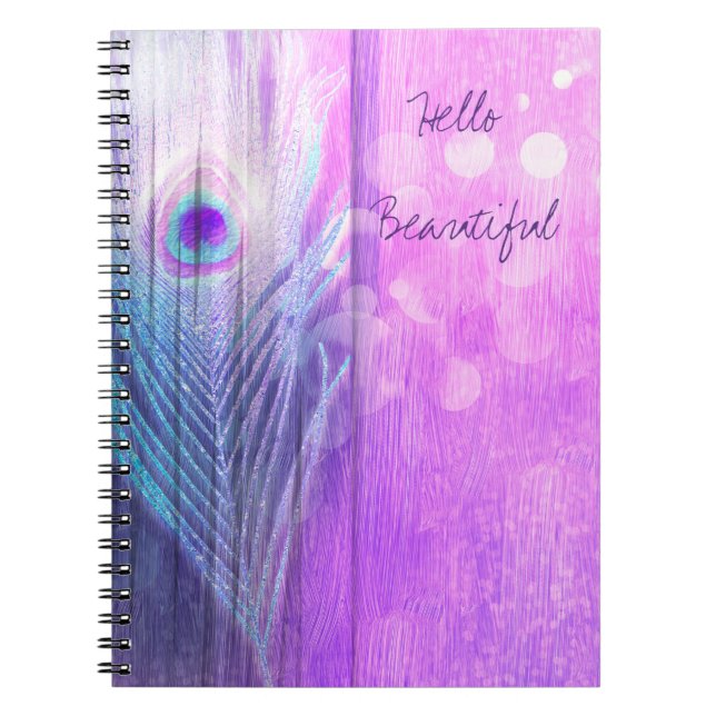 Påfågelfjäder Rosa & Blå Boho Chic Glam Anpassad Anteckningsbok Med Spiral (Framsidan)