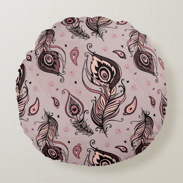 Påfågelfjädermönster Rund Kudde (Framsidan)