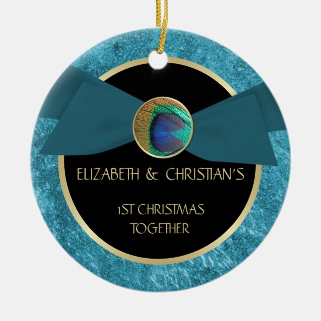 Påfågelfjädern knäppas den 1st julprydnaden julgransprydnad keramik (Framsidan)