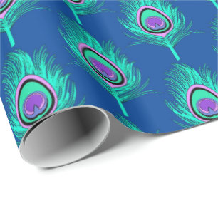 Påfågelfjädrar, Aqua på djupa koboltblått Presentpapper