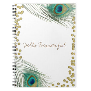 Påfågelfjädrar & Guld Boho Glam Elegant Anteckningsbok Med Spiral