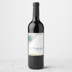 Påfågelfjädrar & Guldprickar Boho Glamour Vin Etik Vinflaska Etikett