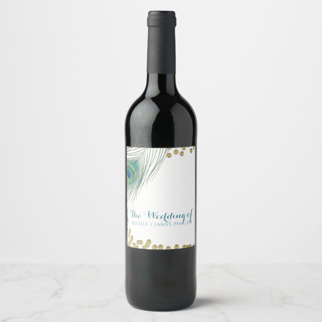 Påfågelfjädrar & Guldprickar Boho Glamour Vin Etik Vinflaska Etikett (Framsida)