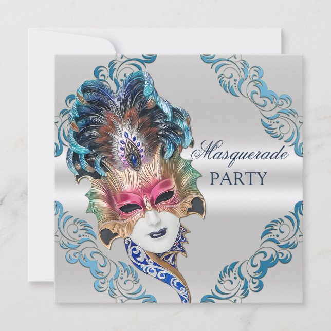 Påfågelfjädrar maskerar maskeradpartysilver inbjudningar (Framsida)