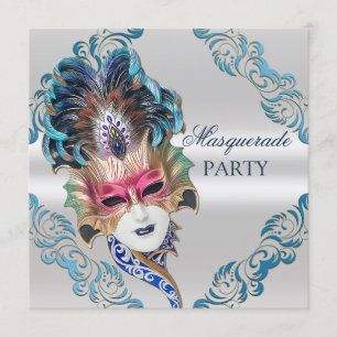Påfågelfjädrar maskerar maskeradpartysilver inbjudningar