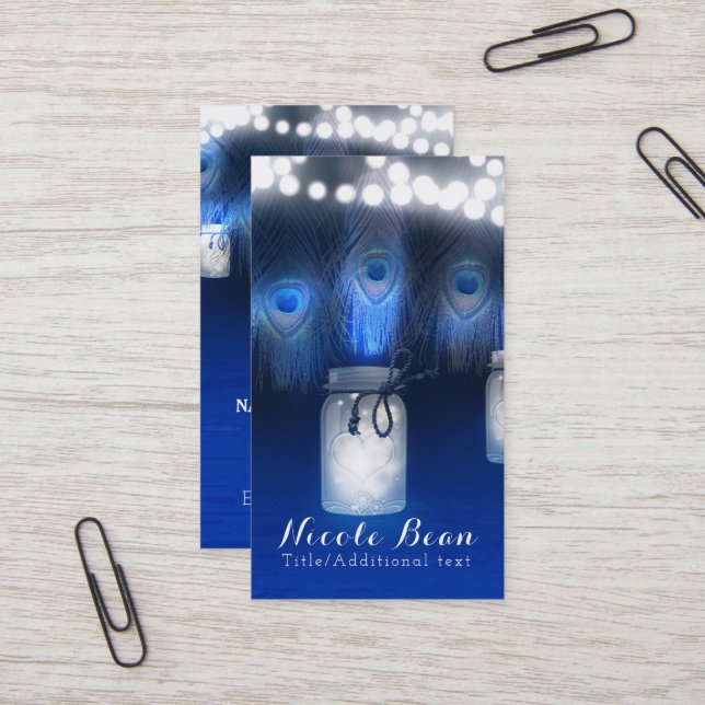 Påfågelfjädrar, Murar Kruka & Strängljus Rustik Visitkort (Fram/Back In Situ)