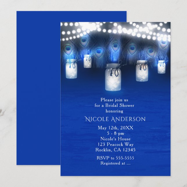 Påfågelfjädrar, Murarljus &amp; Strängljus Rustika Inbjudningar (Fram/baksida)