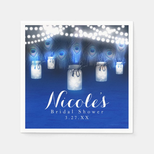 Påfågelfjädrar, Murarljusstake & Strängljus Fest Pappersservett (Framsidan)