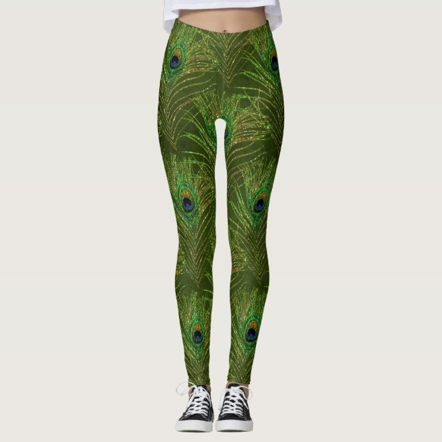Påfågelfjädrar Påfåglar Grön Guld Glitter Leggings (Framsida)