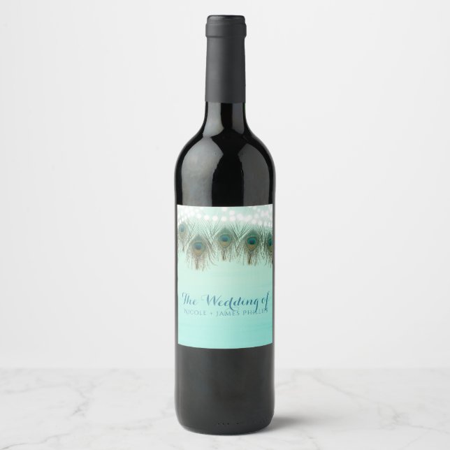 Påfågelfjädrar & Strängljus Rustik Fest Vin Vinflaska Etikett (Framsida)