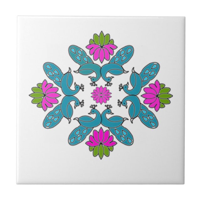 Påfågellotusblomma Rangoli Kakelplatta (Framsidan)