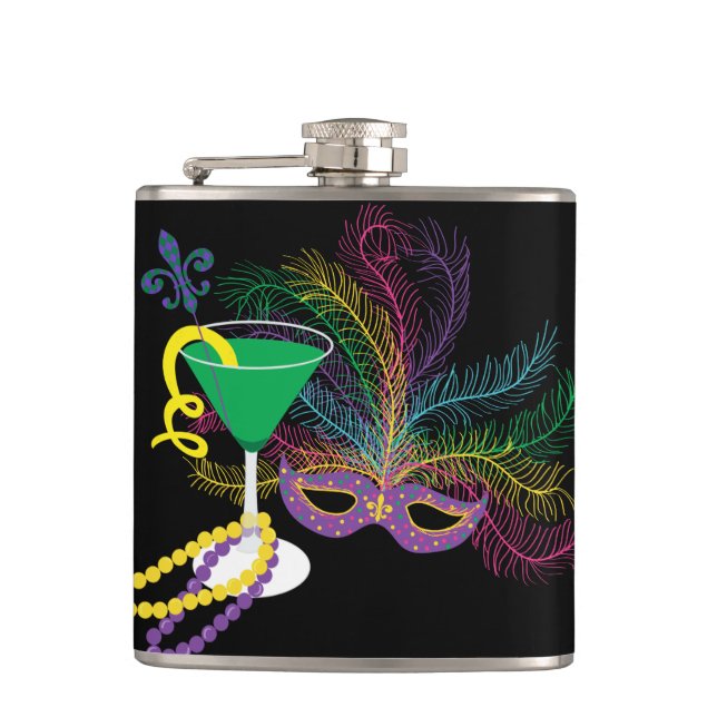 Påfågelmask och Martini Mardi Gras Fickplunta (Framsidan)