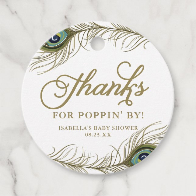 Påfågelsfärgad Baby Shower Tack Champagne Gåvor Etiketter (Framsida)