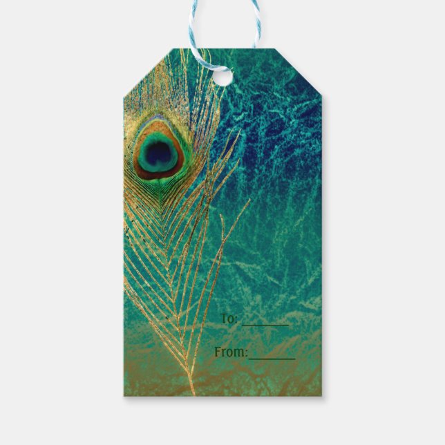 Påfågelsfjäder Blå Teal Guld Exotisk Förmånsgåva Presentetikett (Framsidan)