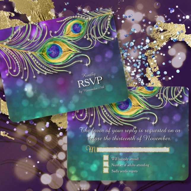 Påfågelsfjäder Bröllop Guld Glitter Juvade RSVP OSA Kort (Skapare uppladdad)